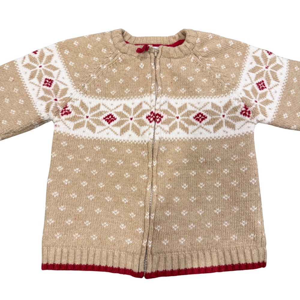Janie and Jack Kids 4T Fair Isle Wool Blend Zip Cardigan Sweater Tan Red White